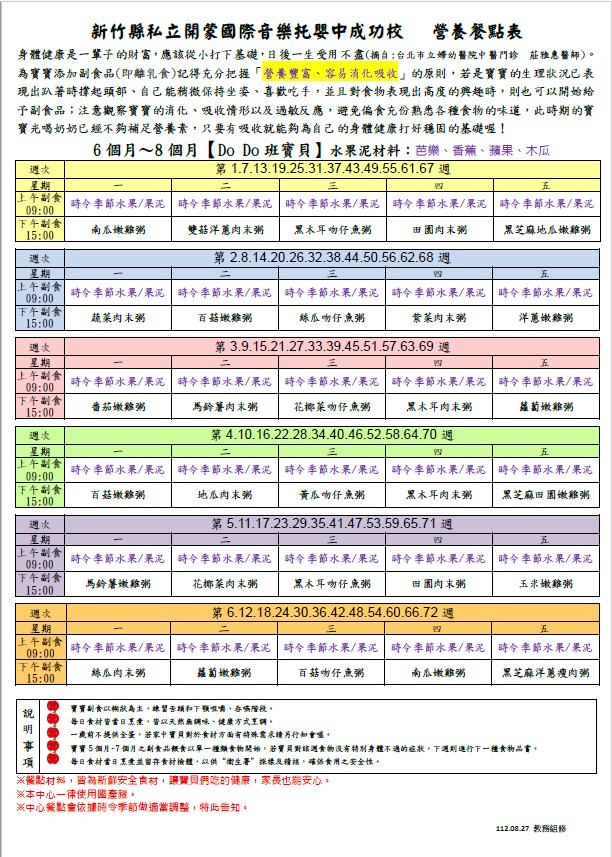 112年下學期餐點表